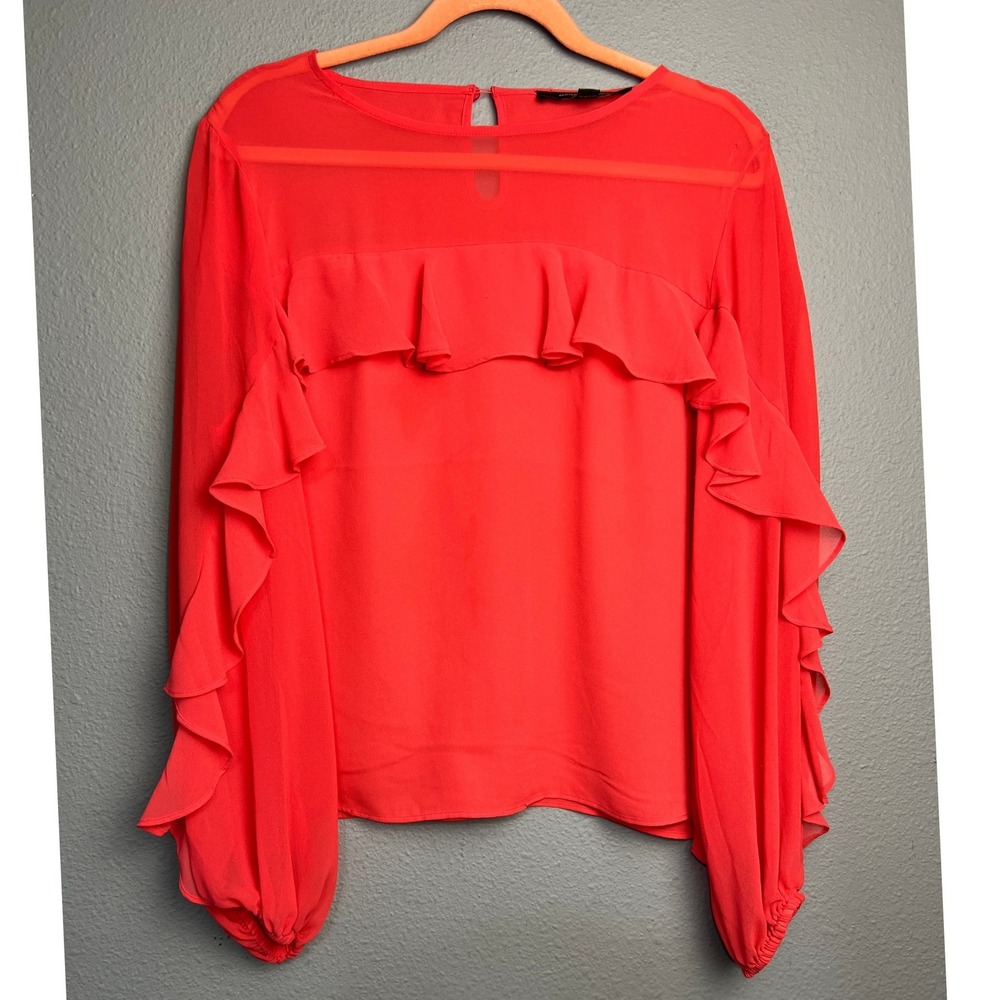 Marc New York Andrew Marc Lg Red Ruffle Long Sleeve Chiffon Blouse Fairycore